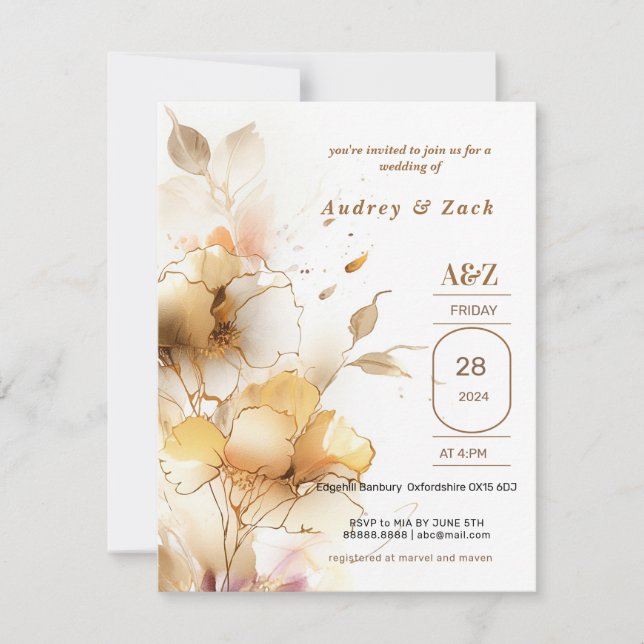 Golden white Flower WEDDING  Invitation (Front)