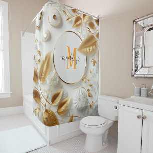 Golden White Luxury Orange Monogram Modern Script Shower Curtain
