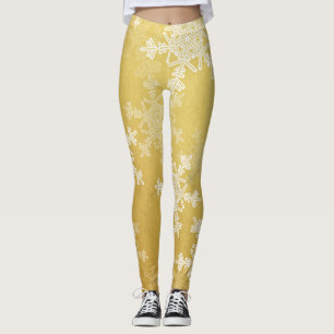 Golden White Snowflakes Minimalist Christmas Leggings