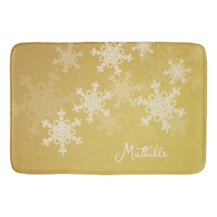 Golden White Snowflakes Minimalist Christmas Name Bath Mat