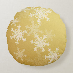 Golden White Snowflakes Minimalist Christmas Round Cushion