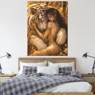 Golden White Tiger Embrace Fantasy Art Canvas Print