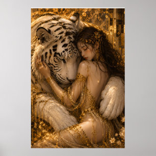 Golden White Tiger Embrace Fantasy Art Poster