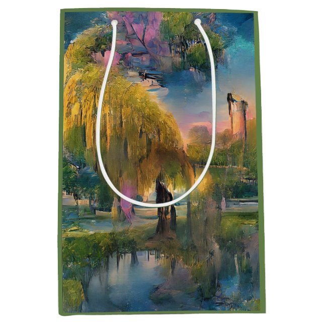 Golden Willow Tree at Sunset by the Pond Abstract  Medium Gift Bag (Front)