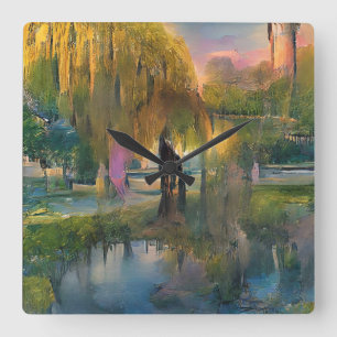 Golden Willow tree at sunset by the pond abstract Square Wall Clock
