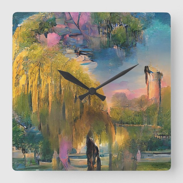 Golden Willow tree at sunset by the pond abstract  Square Wall Clock (Front)