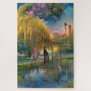 Golden Willow tree at sunset by the pond   Jigsaw Puzzle