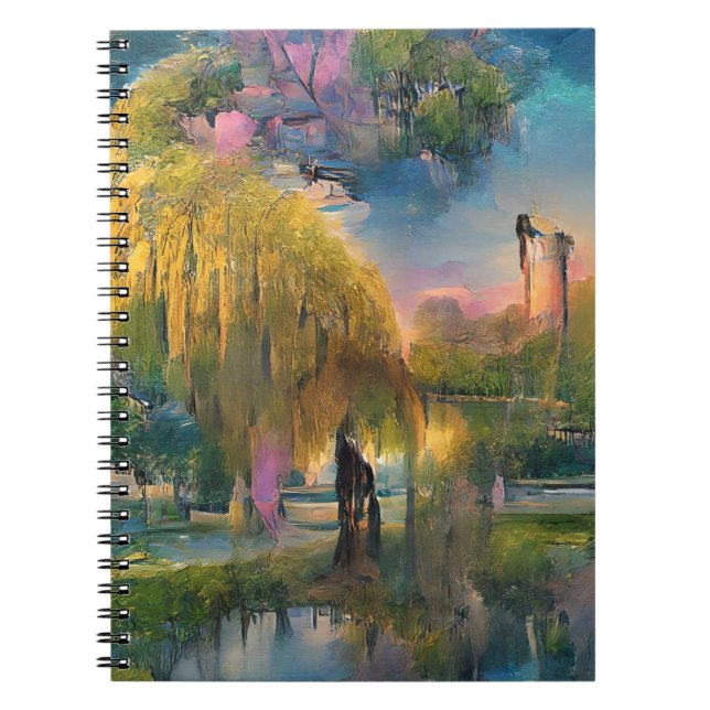 Golden Willow tree at sunset by the pond  Notebook (Front)