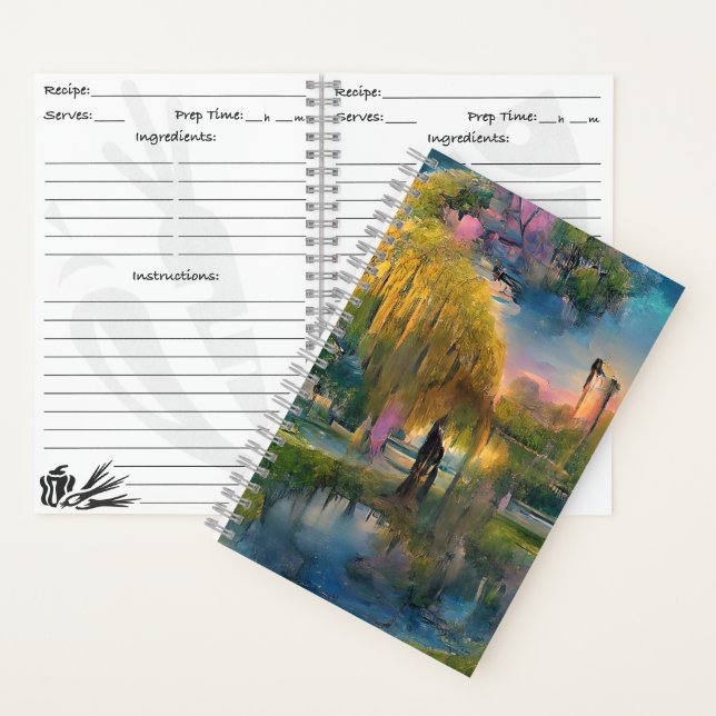 Golden Willow tree at sunset by the pond Recipe Notebook (Inside)