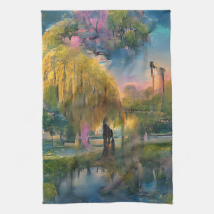 Golden Willow tree at sunset by the pond Tea Towel