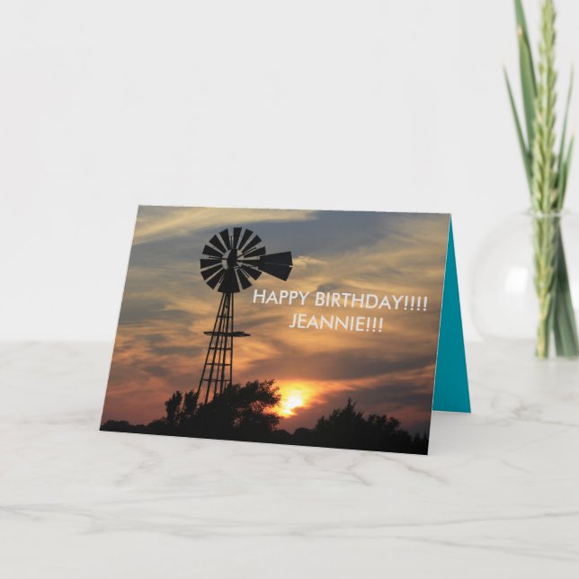 Golden Windmill Sunset Birthday Card (Front)