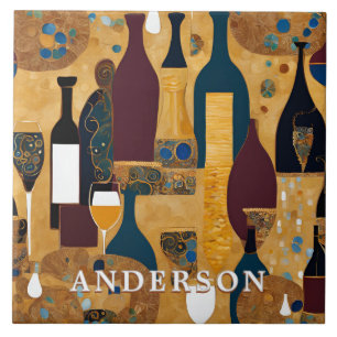 Golden Wine Glass Bottles Abstract  Tile