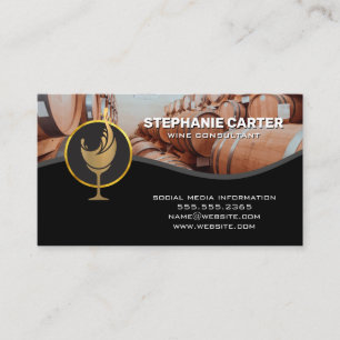 Golden Wine Glass Splash Logo Wine Barrels Business Card