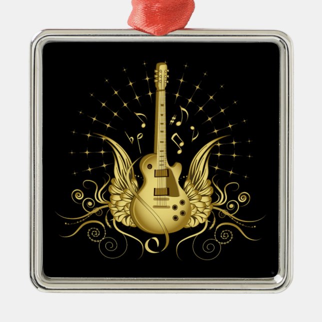 Golden Winged Guitar Metal Tree Decoration (Front)