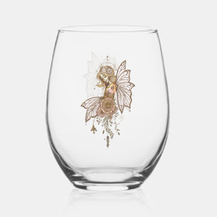 Golden wings and blooming dreams,the magical fairy stemless wine glass