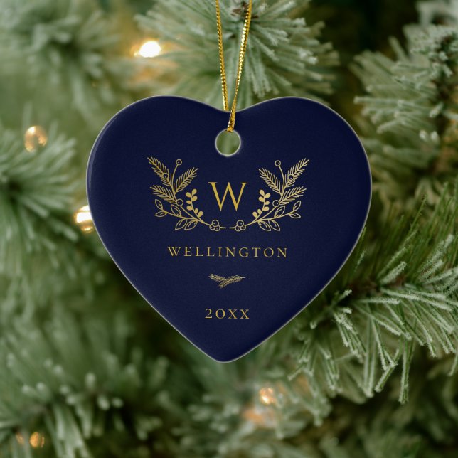 Golden Winter Sprigs Monogram Blue Ceramic Tree Decoration (Tree)
