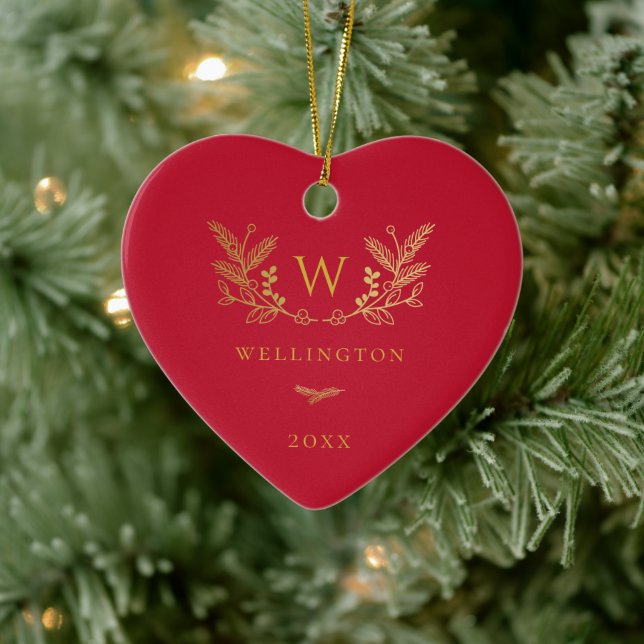 Golden Winter Sprigs Monogram Red Ceramic Tree Decoration (Tree)