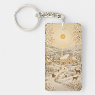 Golden Winter Village Church Landscape Key Ring