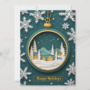 🎁 Golden Winter Village Ornament Festive Green Card