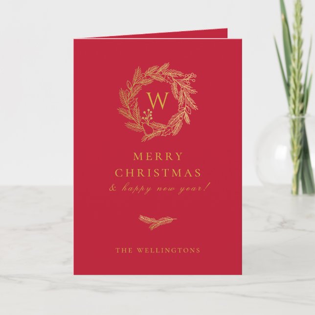 Golden Winter Wreath Red Holiday Card (Front)
