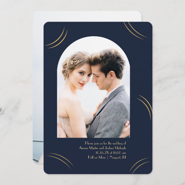 Golden Wisps Two Photo Dark Blue Wedding  Invitation (Front/Back)