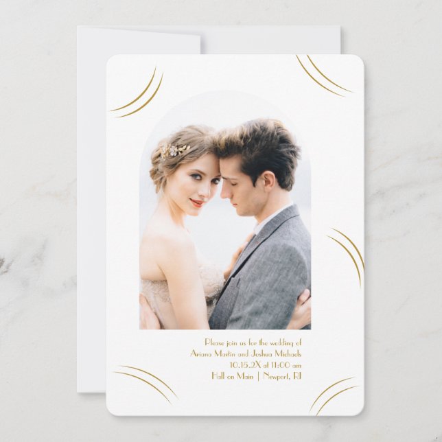 Golden Wisps White Two Photo Wedding  Invitation (Front)