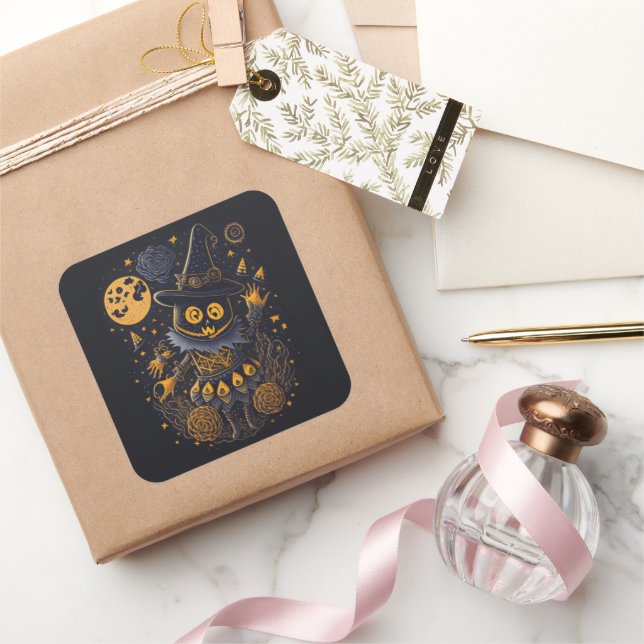 Golden Witch Cat Sticker | Elegant Halloween Label (Gifting)