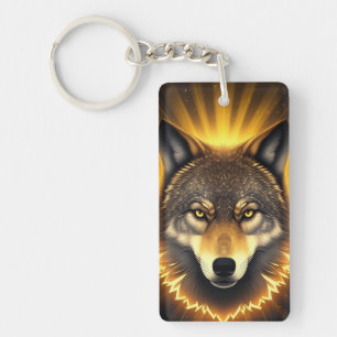 Golden Wolf Face Art Emanating Glowing Energy Key Ring