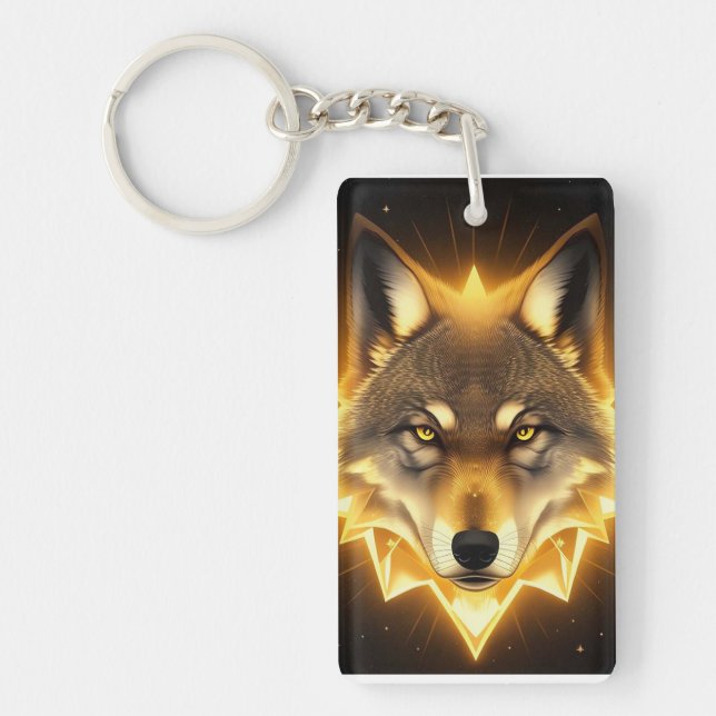 Golden Wolf Face Art Emanating Glowing Energy Key Ring (Front)