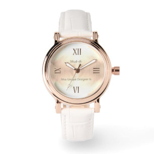 Golden Wooden RN Rose Gold White Leather Watch
