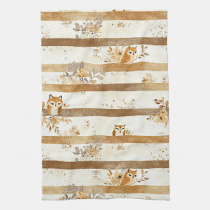 Golden Woodland Fox & Owl Stripe Pattern (1) Tea Towel