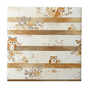 Golden Woodland Fox & Owl Stripe Pattern (1) Tile