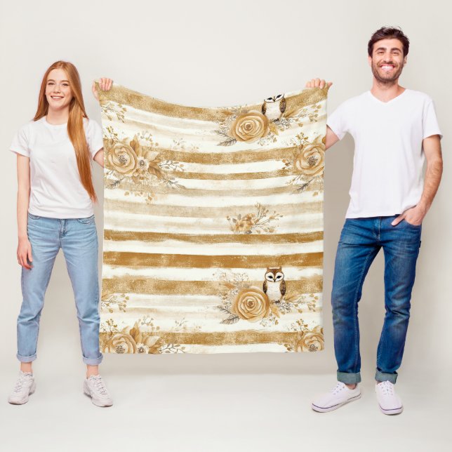 Golden Woodland Fox & Owl Stripe Pattern (2) Fleece Blanket (In Situ)