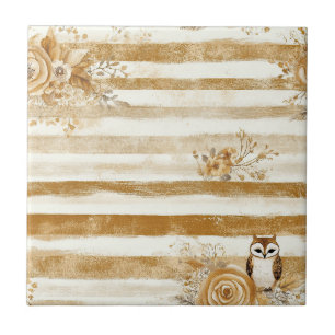 Golden Woodland Fox & Owl Stripe Pattern (2) Tile