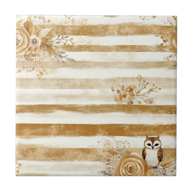 Golden Woodland Fox & Owl Stripe Pattern (2) Tile (Front)