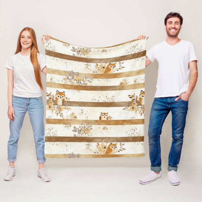 Golden Woodland Fox & Owl Stripe Pattern Fleece Blanket (In Situ)