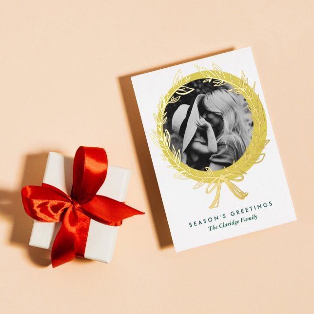 Golden Wreath Frame Photo Gold Foil Holiday Card (Creator Uploaded)