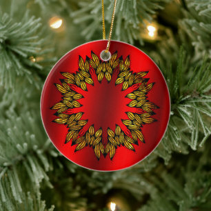 Golden Wreath on Red Christmas Ceramic Tree Decoration