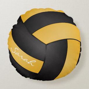 Golden Yellow and Black Volleyball Personalise Round Cushion