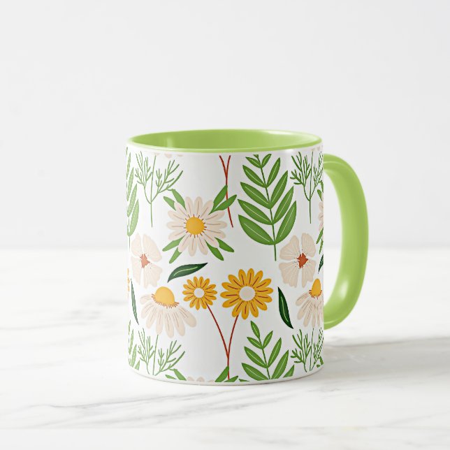 Golden yellow and ivory white floral pattern mug (Front Right)