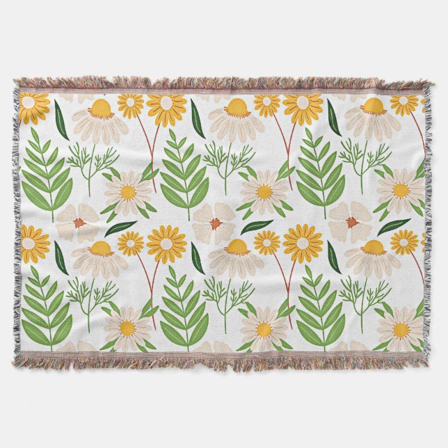 Golden yellow and ivory white floral pattern throw blanket (Front)