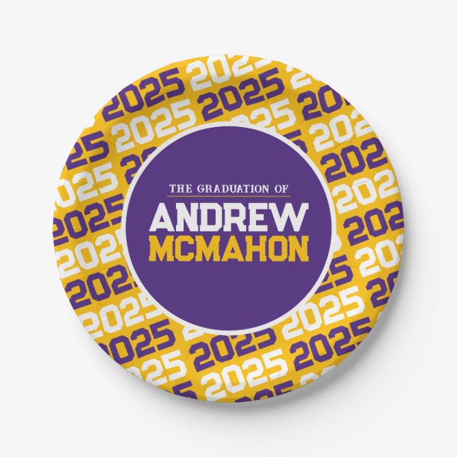 Golden Yellow and Purple Personalised Graduation Paper Plate (Front)