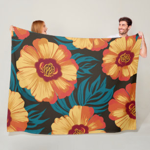 Golden-Yellow and Red Flowers with Teal Leaves Fleece Blanket
