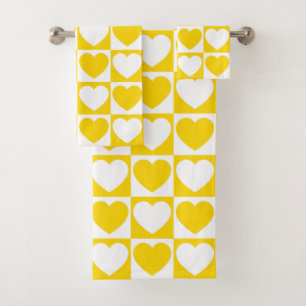 Golden Yellow and White Checkered With Hearts Bath Towel Set