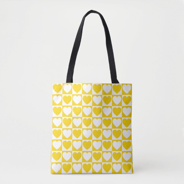 Golden Yellow and White Checkered With Hearts Tote Bag (Front)