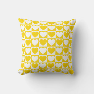 Golden Yellow and White Chequered With Hearts Cushion