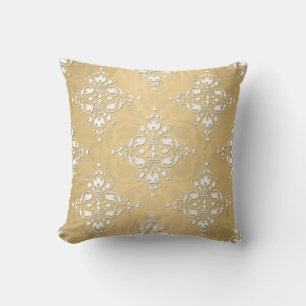 Golden Yellow and White Damask Pattern Cushion
