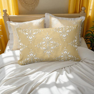 Golden Yellow and White Damask Pattern Lumbar Cushion