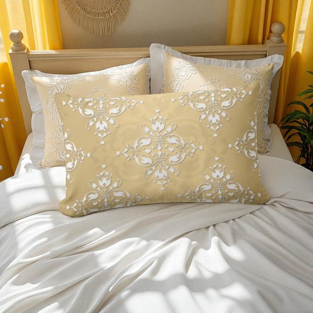 Golden Yellow and White Damask Pattern Lumbar Cushion (Creator Uploaded)
