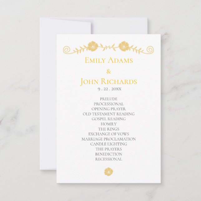 Golden Yellow and White Floral Wedding Program (Front)